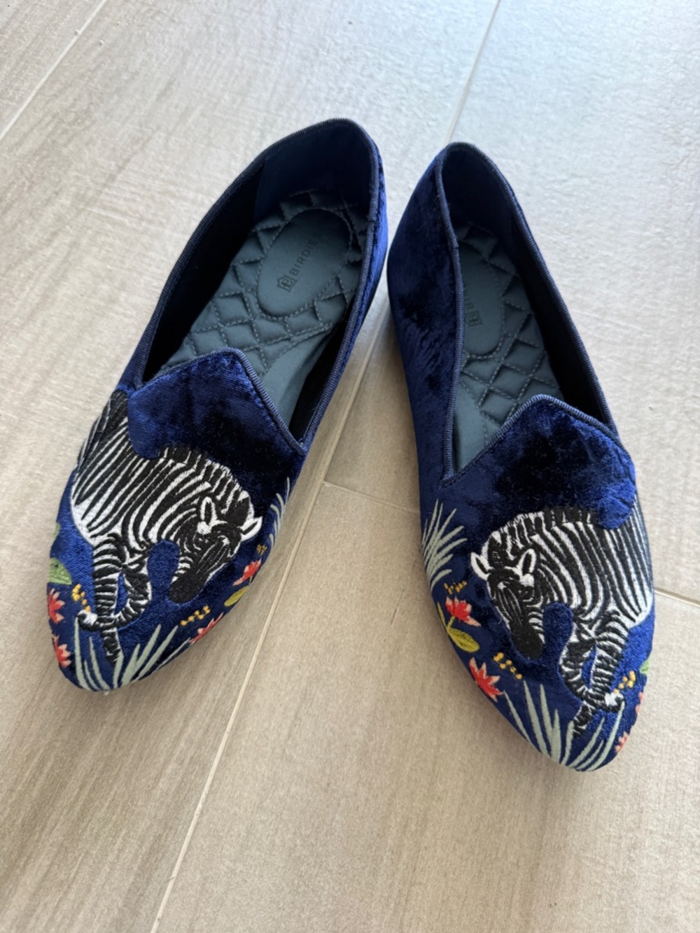 Birdies Navy Velvet Zebra Embroidered Flats